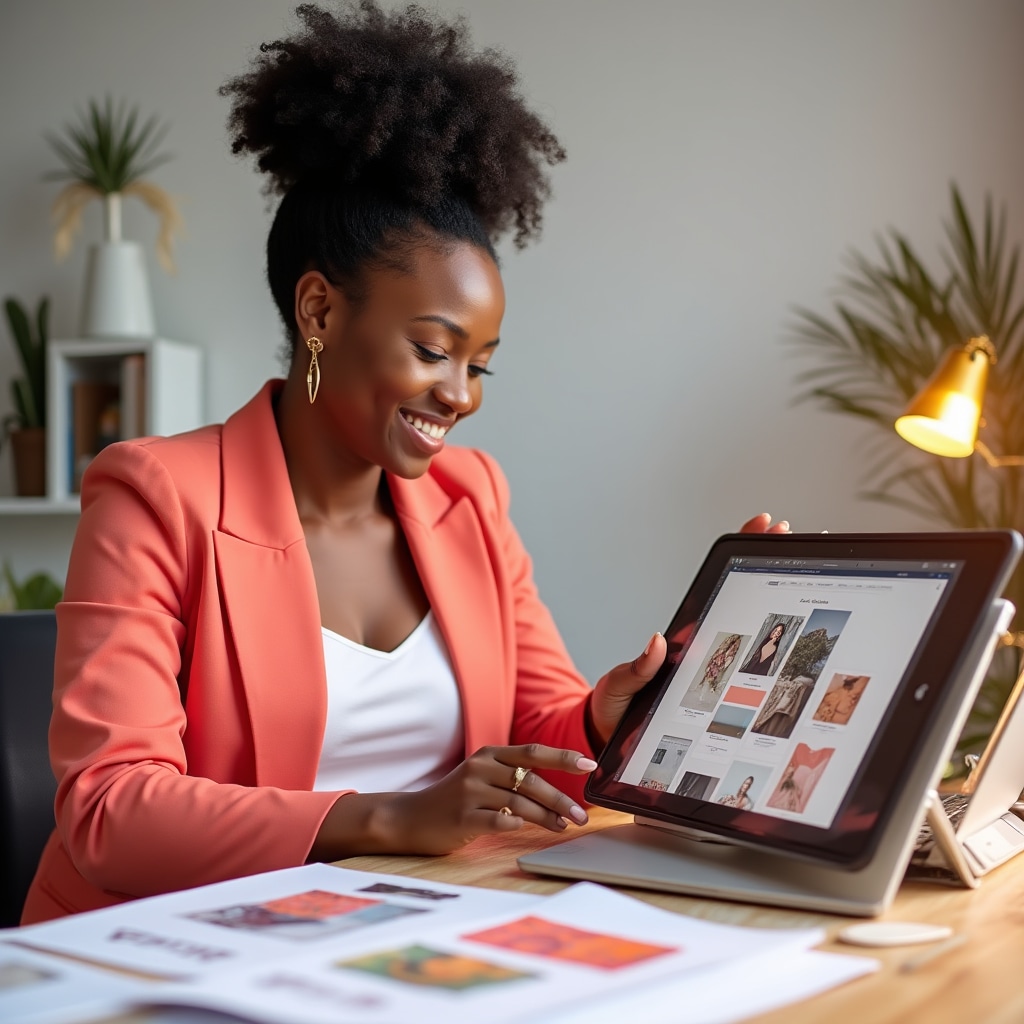 Creazione contenuti per social media con tablet e materiali creativi