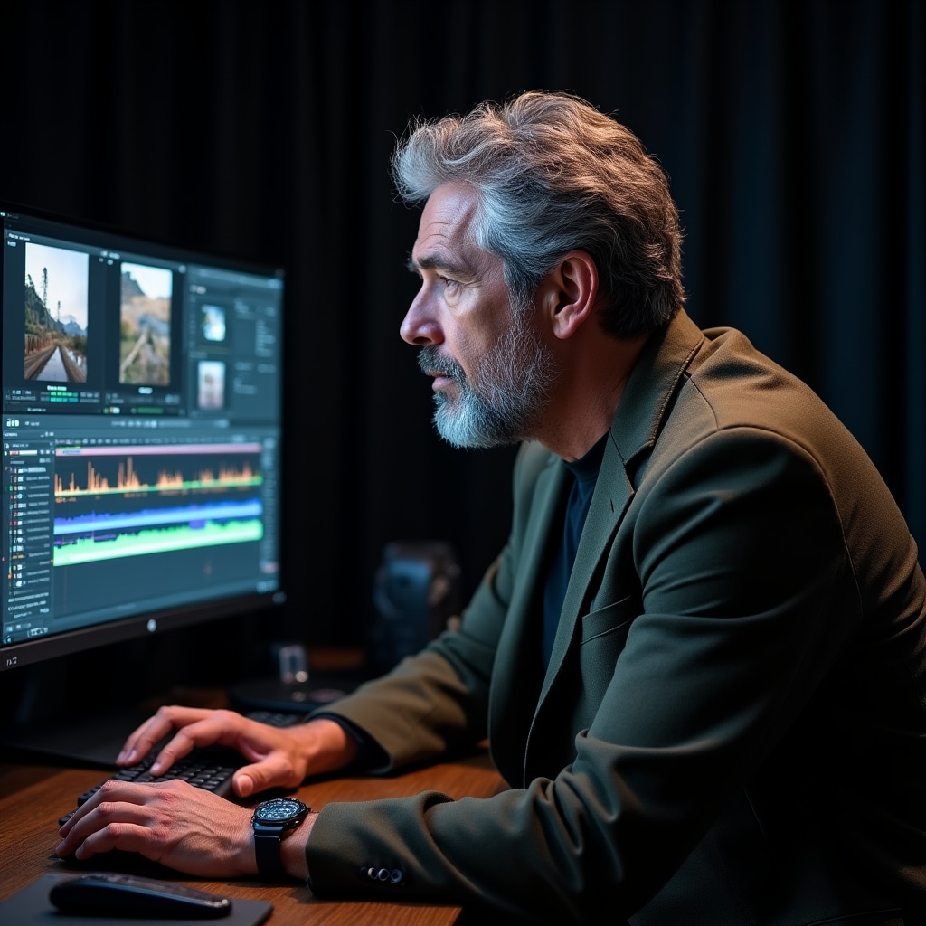 Setup professionale per montaggio video con monitor e timeline